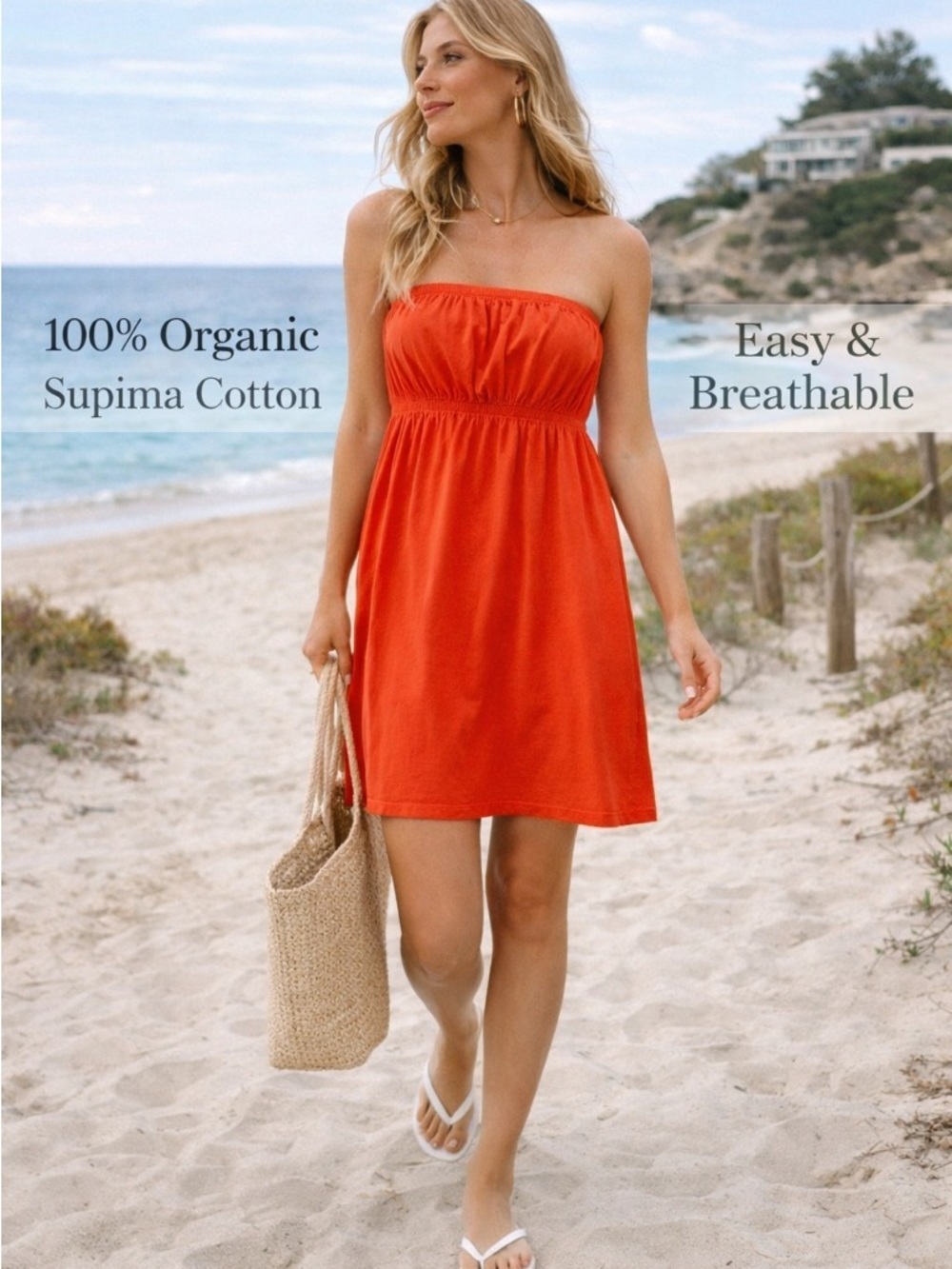 Toggery Strapless Fire Orange Summer Dress with Elastic Bodice 💯 Organic Cotton